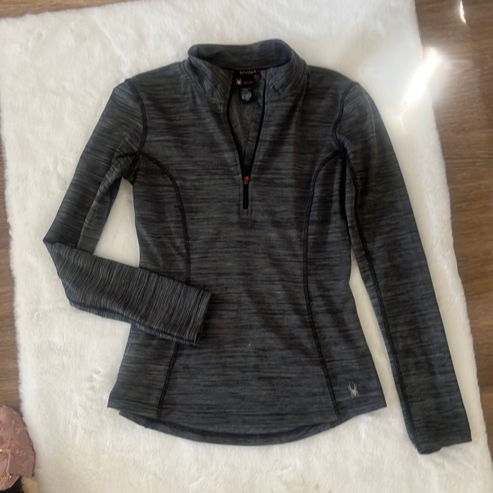 Casual, black and gray athletic shirt, zips up around the neck